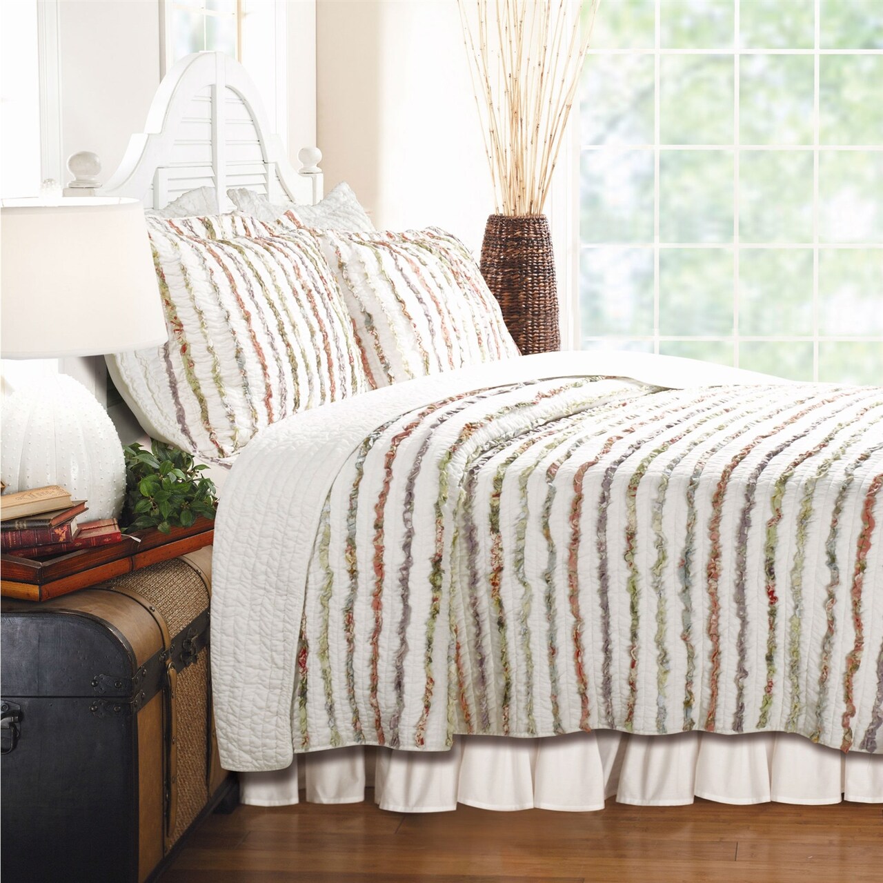 Twin Cotton Quilt Set with Ruffle Stripes and Floral Patchwork